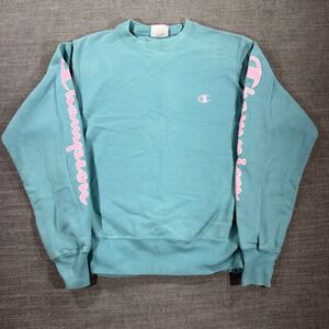 Champion Reverse Weave‎ Sweatshirt Men Small Teal Blue Good Sleeve Logo Graphic